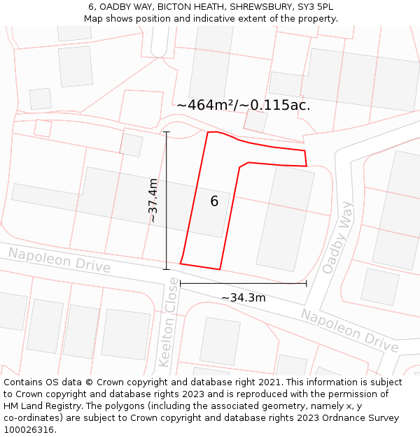 6, OADBY WAY, BICTON HEATH, SHREWSBURY, SY3 5PL: Plot and title map