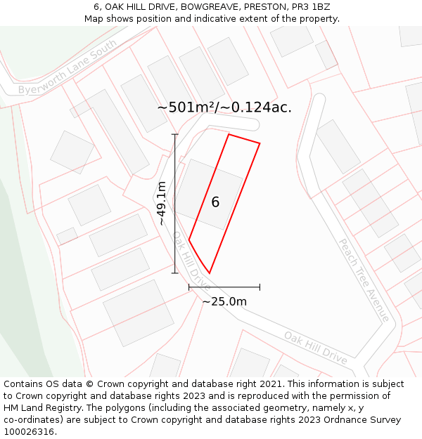 6, OAK HILL DRIVE, BOWGREAVE, PRESTON, PR3 1BZ: Plot and title map