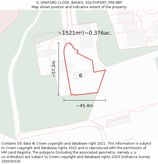 6, OAKFORD CLOSE, BANKS, SOUTHPORT, PR9 8BP: Plot and title map