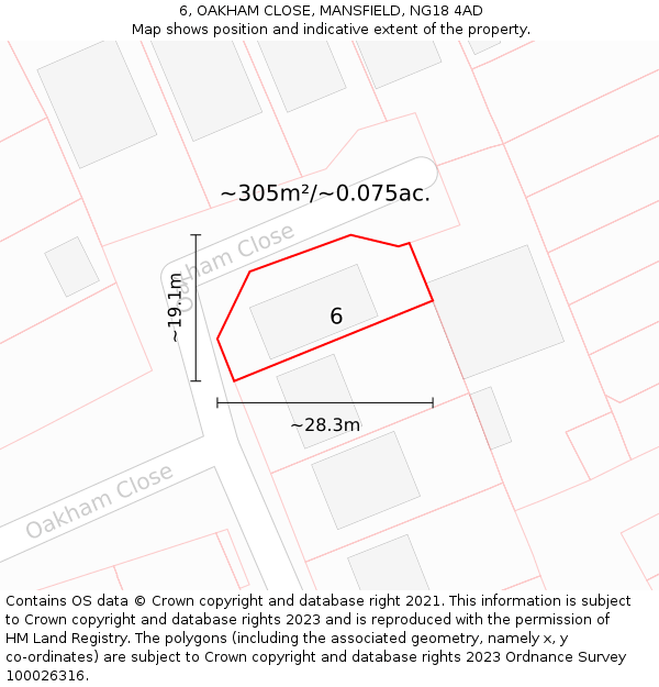 6, OAKHAM CLOSE, MANSFIELD, NG18 4AD: Plot and title map