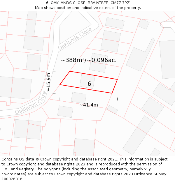 6, OAKLANDS CLOSE, BRAINTREE, CM77 7PZ: Plot and title map