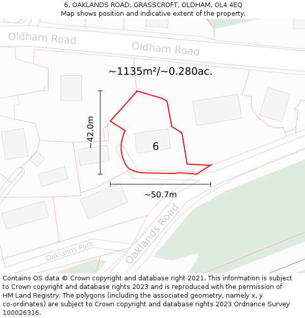 6, OAKLANDS ROAD, GRASSCROFT, OLDHAM, OL4 4EQ: Plot and title map