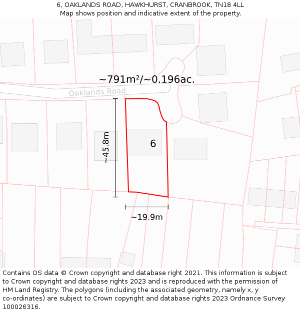 6, OAKLANDS ROAD, HAWKHURST, CRANBROOK, TN18 4LL: Plot and title map