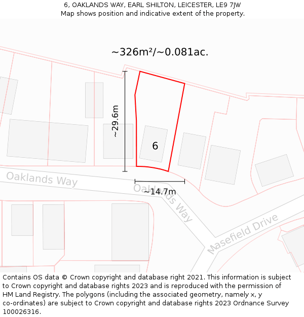 6, OAKLANDS WAY, EARL SHILTON, LEICESTER, LE9 7JW: Plot and title map