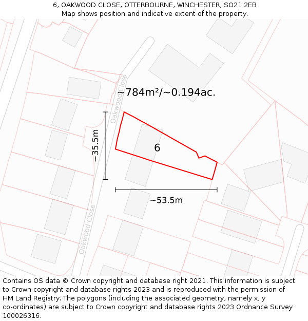 6, OAKWOOD CLOSE, OTTERBOURNE, WINCHESTER, SO21 2EB: Plot and title map