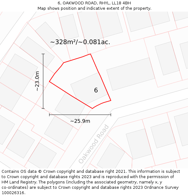 6, OAKWOOD ROAD, RHYL, LL18 4BH: Plot and title map