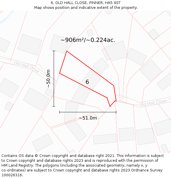 6, OLD HALL CLOSE, PINNER, HA5 4ST: Plot and title map