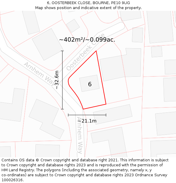 6, OOSTERBEEK CLOSE, BOURNE, PE10 9UG: Plot and title map