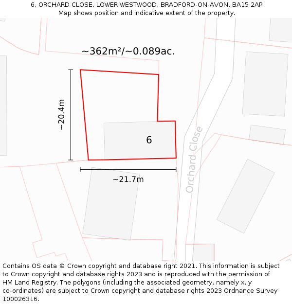 6, ORCHARD CLOSE, LOWER WESTWOOD, BRADFORD-ON-AVON, BA15 2AP: Plot and title map