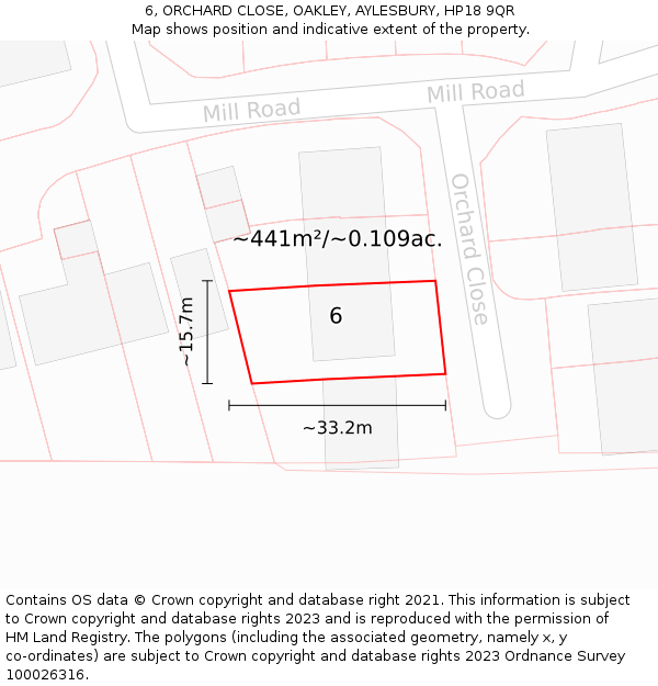 6, ORCHARD CLOSE, OAKLEY, AYLESBURY, HP18 9QR: Plot and title map