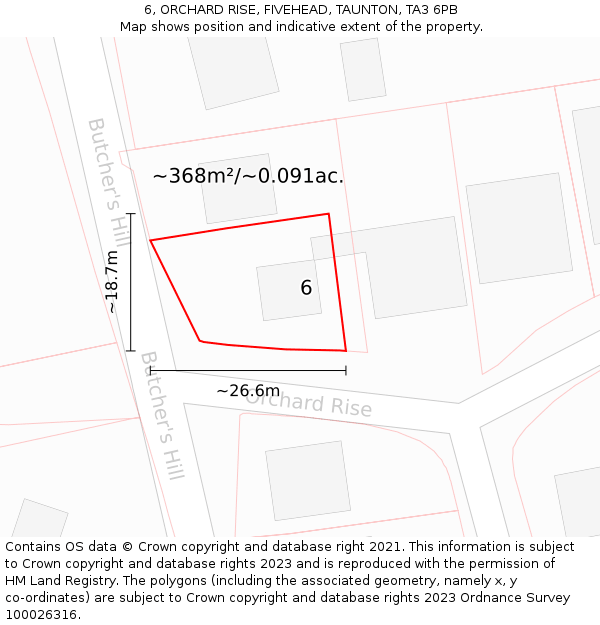 6, ORCHARD RISE, FIVEHEAD, TAUNTON, TA3 6PB: Plot and title map