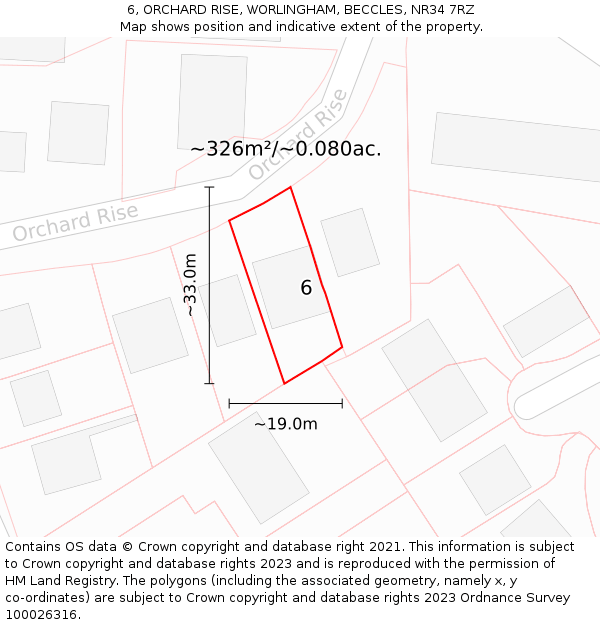 6, ORCHARD RISE, WORLINGHAM, BECCLES, NR34 7RZ: Plot and title map