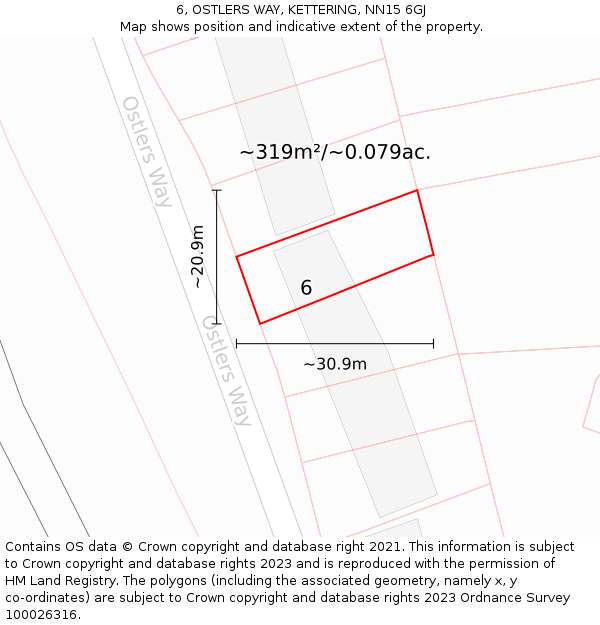 6, OSTLERS WAY, KETTERING, NN15 6GJ: Plot and title map