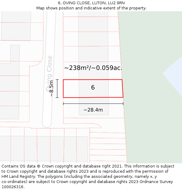 6, OVING CLOSE, LUTON, LU2 9RN: Plot and title map