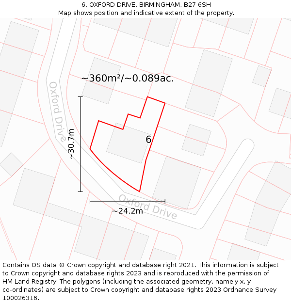 6, OXFORD DRIVE, BIRMINGHAM, B27 6SH: Plot and title map