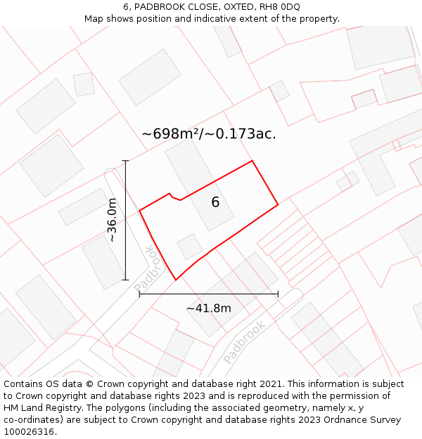 6, PADBROOK CLOSE, OXTED, RH8 0DQ: Plot and title map