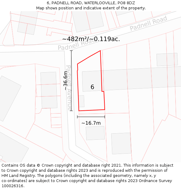 6, PADNELL ROAD, WATERLOOVILLE, PO8 8DZ: Plot and title map