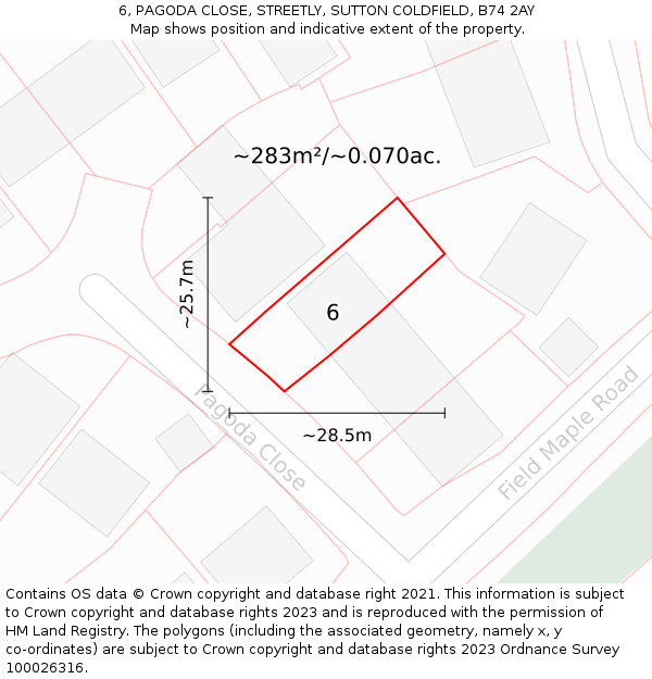6, PAGODA CLOSE, STREETLY, SUTTON COLDFIELD, B74 2AY: Plot and title map