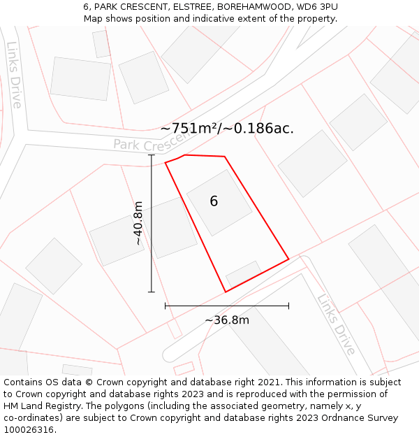 6, PARK CRESCENT, ELSTREE, BOREHAMWOOD, WD6 3PU: Plot and title map