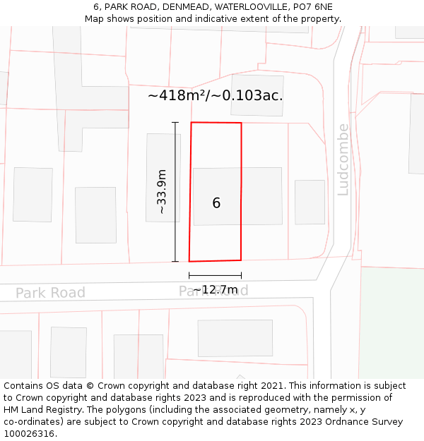 6, PARK ROAD, DENMEAD, WATERLOOVILLE, PO7 6NE: Plot and title map