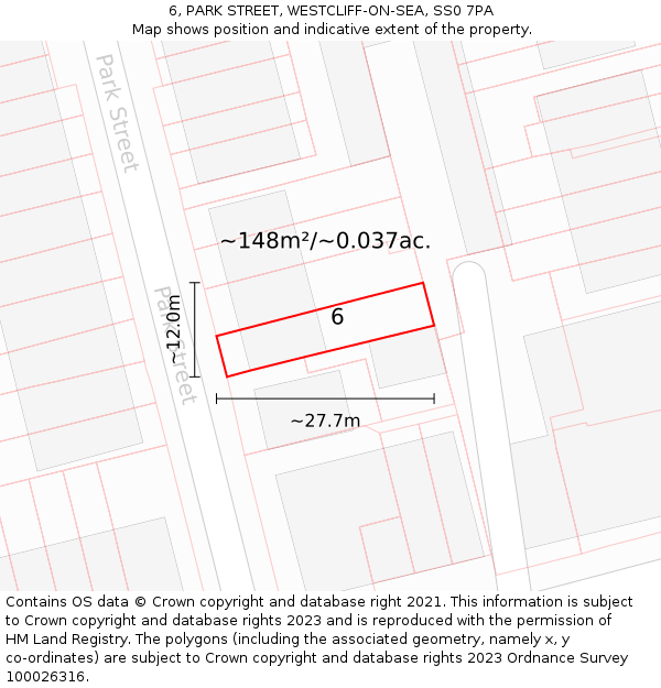 6, PARK STREET, WESTCLIFF-ON-SEA, SS0 7PA: Plot and title map