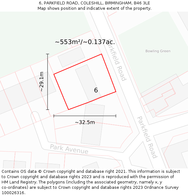 6, PARKFIELD ROAD, COLESHILL, BIRMINGHAM, B46 3LE: Plot and title map