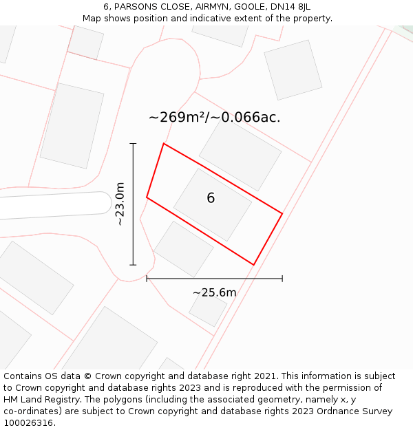 6, PARSONS CLOSE, AIRMYN, GOOLE, DN14 8JL: Plot and title map