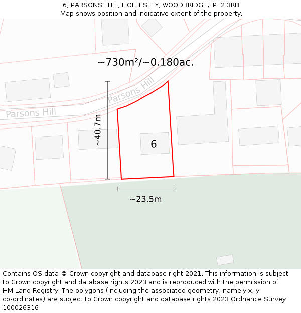 6, PARSONS HILL, HOLLESLEY, WOODBRIDGE, IP12 3RB: Plot and title map