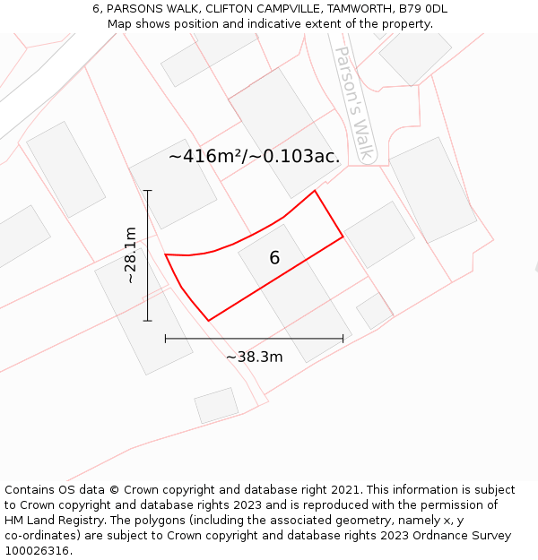 6, PARSONS WALK, CLIFTON CAMPVILLE, TAMWORTH, B79 0DL: Plot and title map