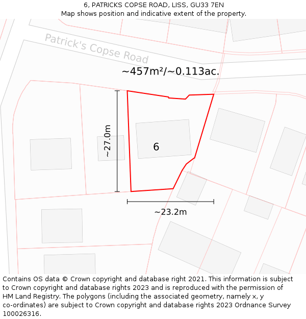 6, PATRICKS COPSE ROAD, LISS, GU33 7EN: Plot and title map