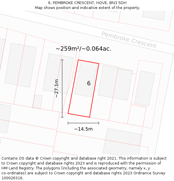 6, PEMBROKE CRESCENT, HOVE, BN3 5DH: Plot and title map