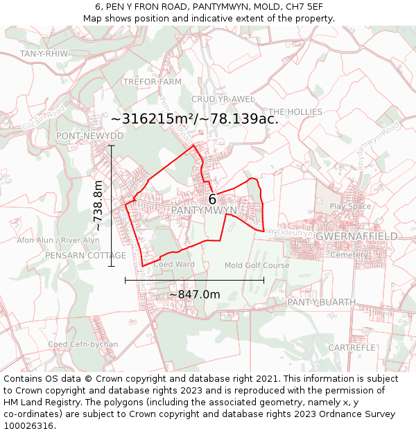 6, PEN Y FRON ROAD, PANTYMWYN, MOLD, CH7 5EF: Plot and title map