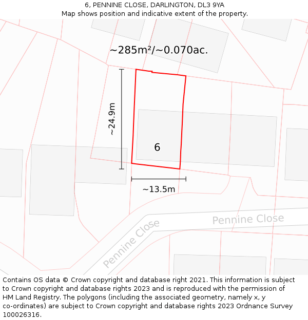 6, PENNINE CLOSE, DARLINGTON, DL3 9YA: Plot and title map