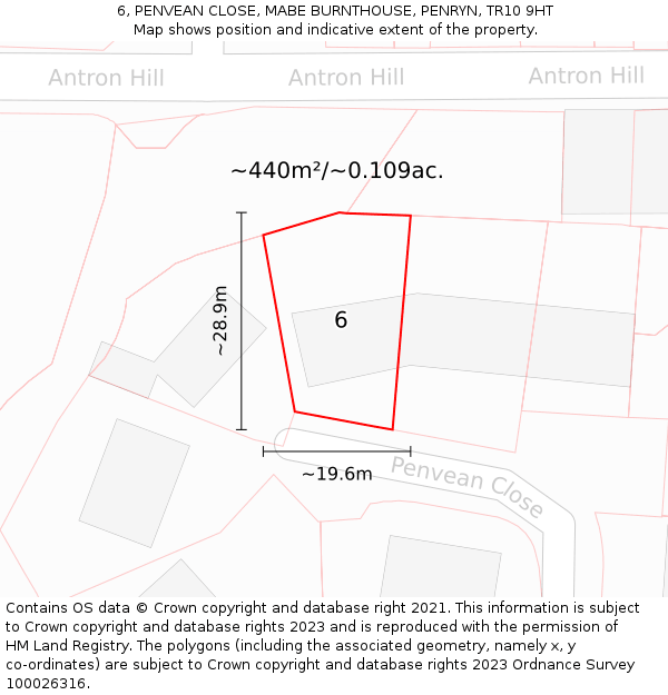 6, PENVEAN CLOSE, MABE BURNTHOUSE, PENRYN, TR10 9HT: Plot and title map