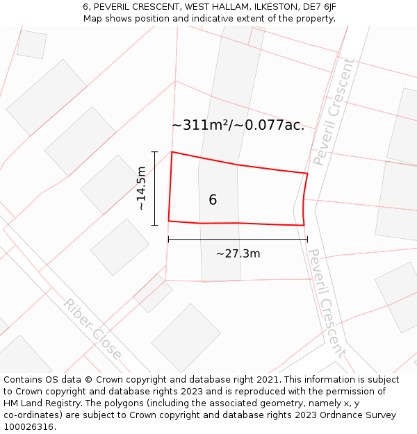 6, PEVERIL CRESCENT, WEST HALLAM, ILKESTON, DE7 6JF: Plot and title map