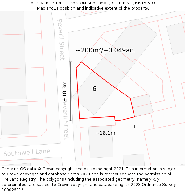 6, PEVERIL STREET, BARTON SEAGRAVE, KETTERING, NN15 5LQ: Plot and title map