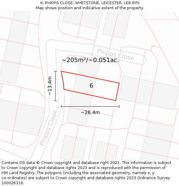 6, PHIPPS CLOSE, WHETSTONE, LEICESTER, LE8 6YN: Plot and title map