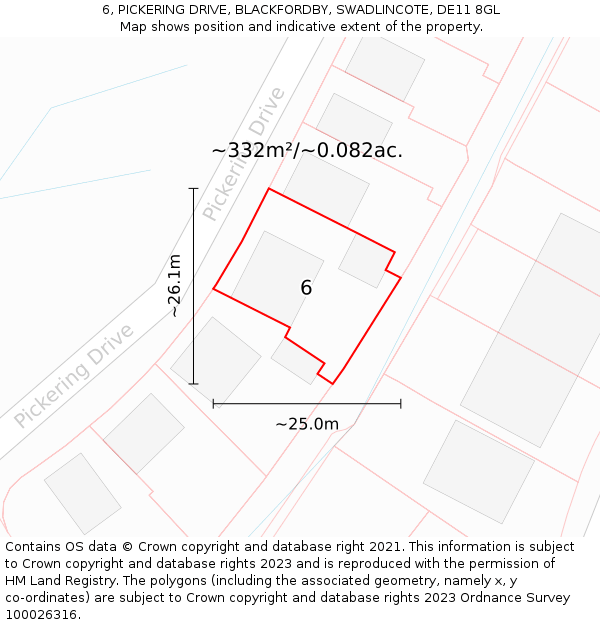 6, PICKERING DRIVE, BLACKFORDBY, SWADLINCOTE, DE11 8GL: Plot and title map