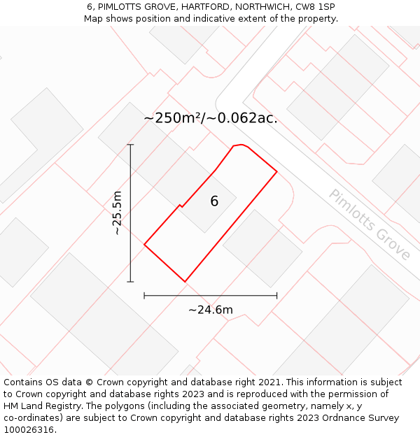 6, PIMLOTTS GROVE, HARTFORD, NORTHWICH, CW8 1SP: Plot and title map