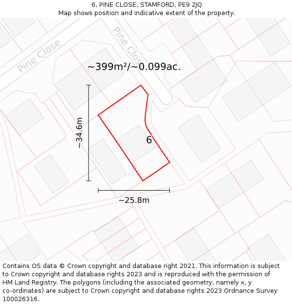 6, PINE CLOSE, STAMFORD, PE9 2JQ: Plot and title map