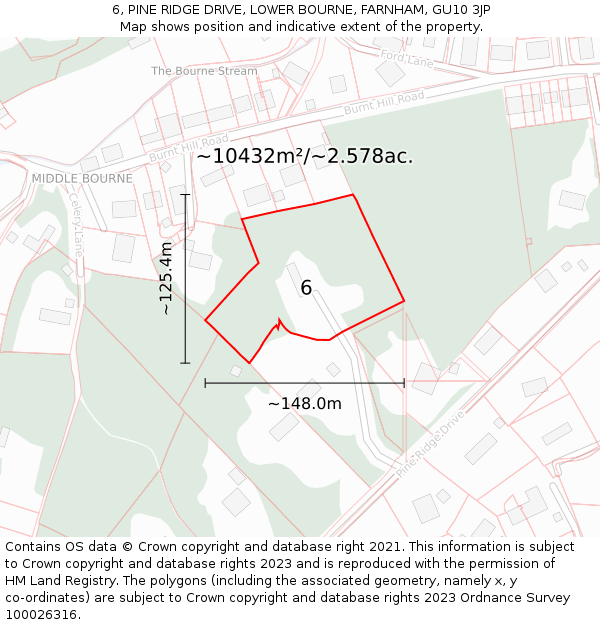 6, PINE RIDGE DRIVE, LOWER BOURNE, FARNHAM, GU10 3JP: Plot and title map