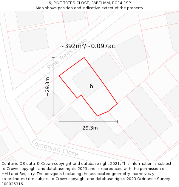 6, PINE TREES CLOSE, FAREHAM, PO14 1SP: Plot and title map