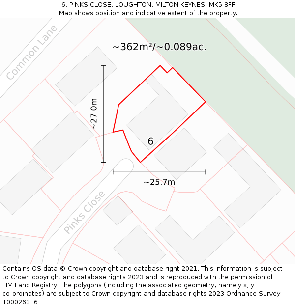 6, PINKS CLOSE, LOUGHTON, MILTON KEYNES, MK5 8FF: Plot and title map