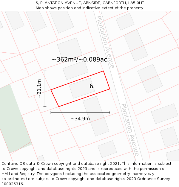 6, PLANTATION AVENUE, ARNSIDE, CARNFORTH, LA5 0HT: Plot and title map