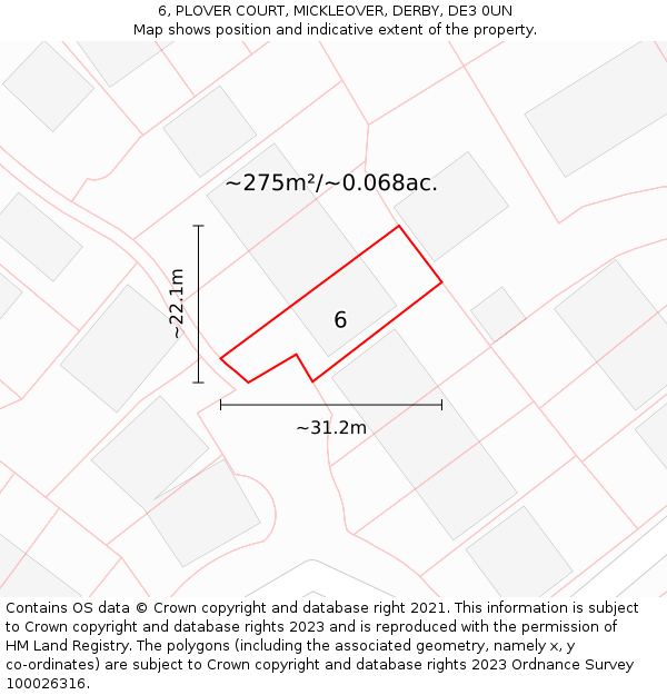 6, PLOVER COURT, MICKLEOVER, DERBY, DE3 0UN: Plot and title map