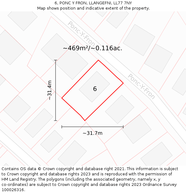 6, PONC Y FRON, LLANGEFNI, LL77 7NY: Plot and title map