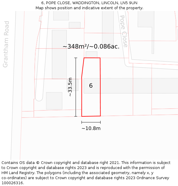 6, POPE CLOSE, WADDINGTON, LINCOLN, LN5 9UN: Plot and title map