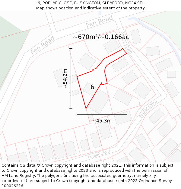 6, POPLAR CLOSE, RUSKINGTON, SLEAFORD, NG34 9TL: Plot and title map
