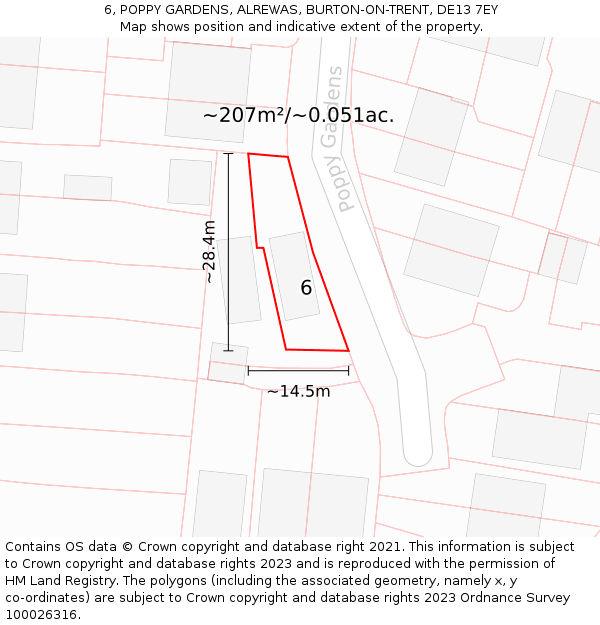 6, POPPY GARDENS, ALREWAS, BURTON-ON-TRENT, DE13 7EY: Plot and title map