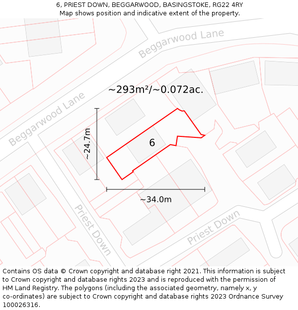 6, PRIEST DOWN, BEGGARWOOD, BASINGSTOKE, RG22 4RY: Plot and title map